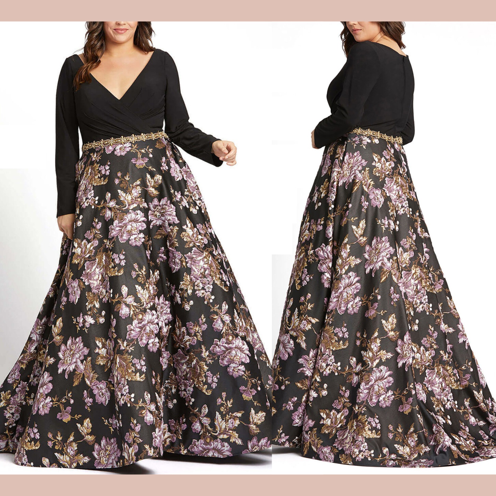 Nwt Mac Duggal [ 16w ] 77745 V Neck Long Sleeve A Line Floral Brocade Gown S1889